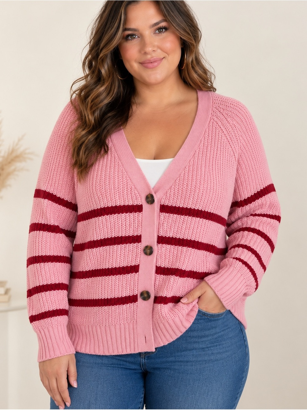Torrid Size 1XL Pink Burgundy Striped Chunky Knit Cardigan Sweater